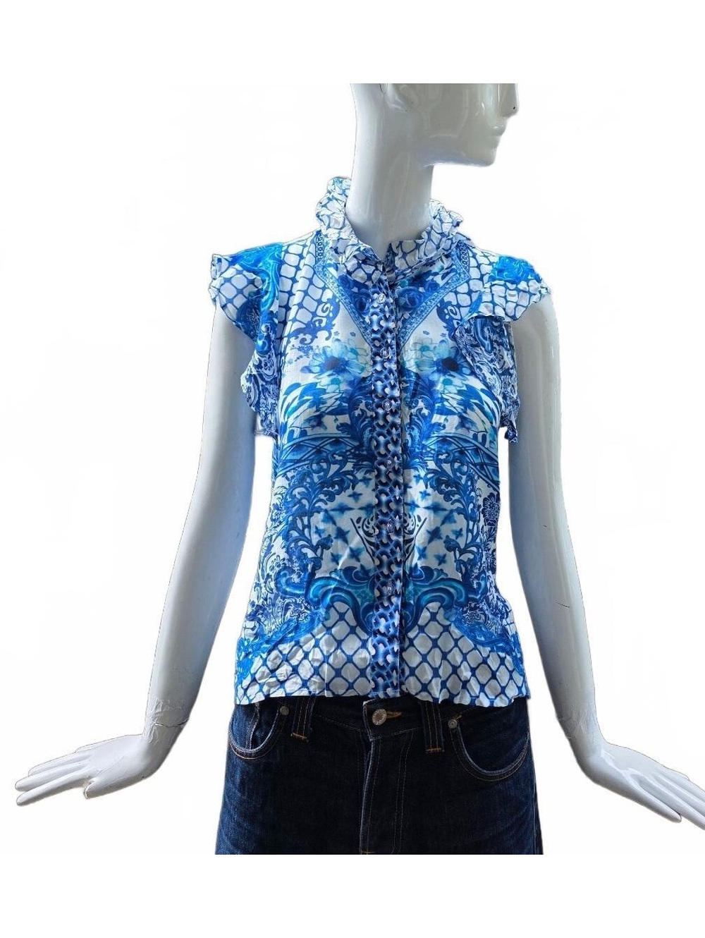 Ionic The Label Blue White Mosaic Tile Print Ruffle Cap Sleeve Silk Blouse Sm